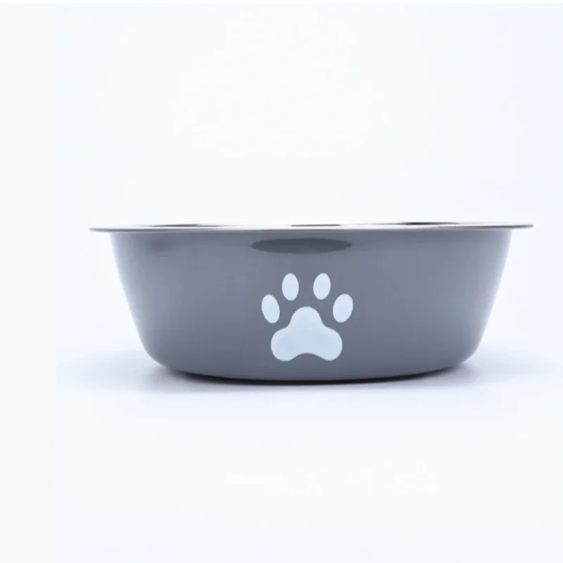 Large gray stainless steel dog bowl with paw print, non-slip base, rust-resistant for durable pet feeding.