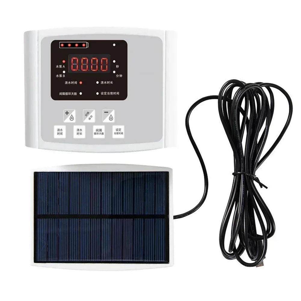 Solar Auto Drip Irrigation Kit Dual Water Pump Smart Watering Controller Outdoor Automatic Irrigation System for Yard Balcony Potted Plants & Home Flower Cultivation