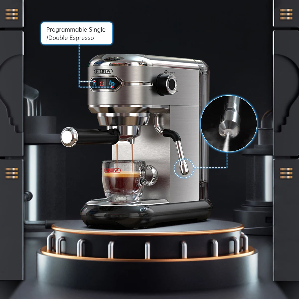HiBREW stainless steel espresso machine with steam wand, programmable shot buttons, and clear glass cup on display.