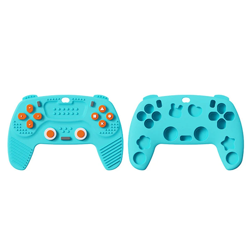 Blue silicone baby teething toy shaped like a game controller for teething relief.