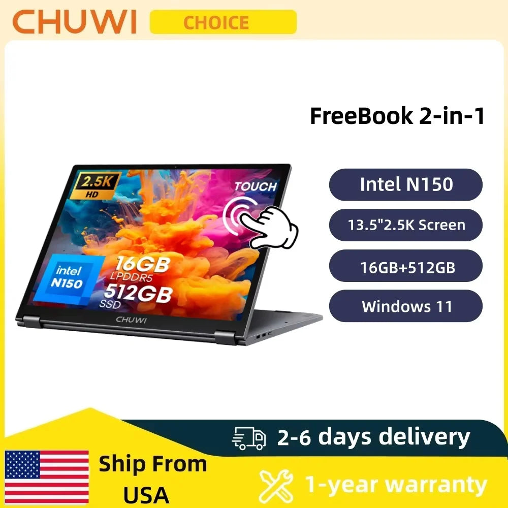 CHUWI FreeBook 2-in-1 Touch Screen Laptop Laptop 13.4'' IntelN150 16GB LPDDR5 RAM 512GB SSD FHD 2520x1680 WiFi6 BT5.2 Windows 11