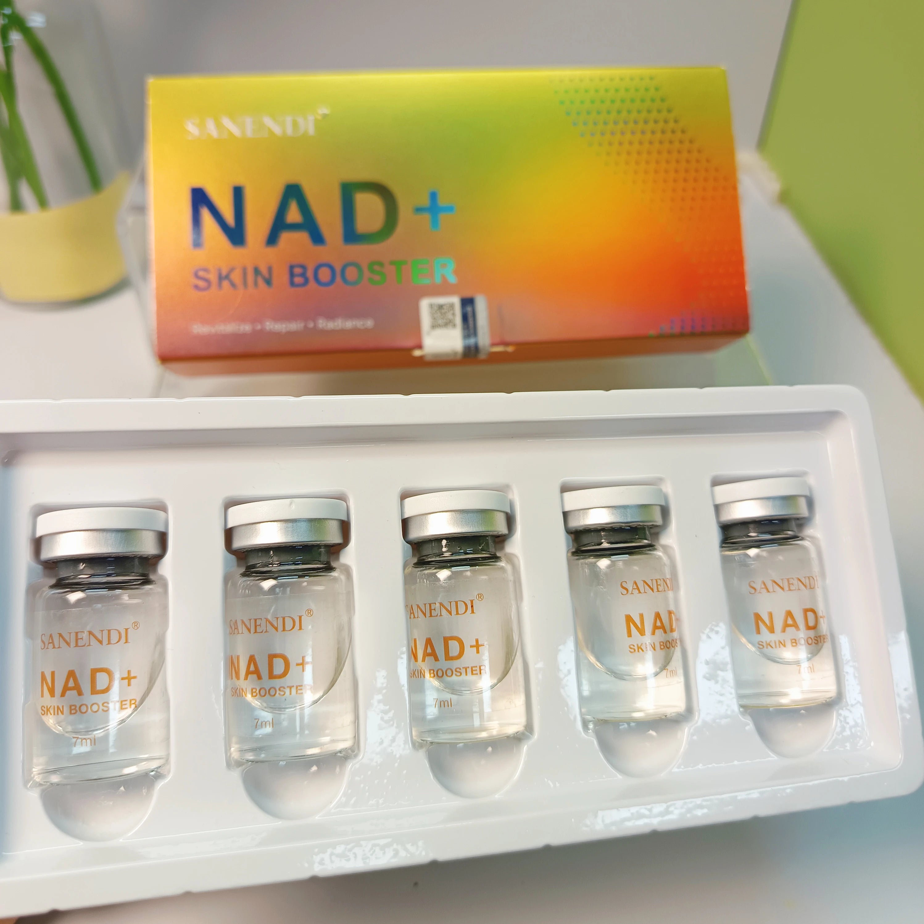 Sanendi NAD+ Complex Essence set: 5x7ml vials in display box. Korean skincare for radiance, dullness, and skin repair.