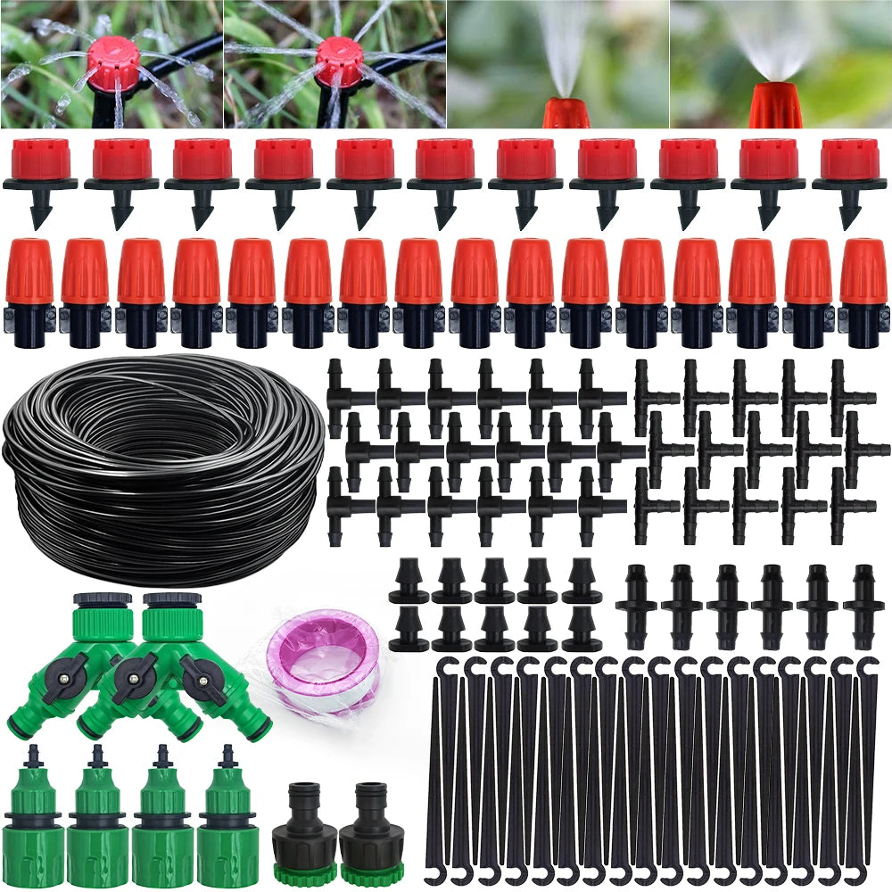 Drip irrigation watering kit with black tubing, red adjustable emitters, stakes and connectors