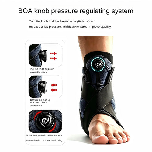 Adjustable blue and black ankle support brace for orthopedic pain relief and stability with BOA dial system.