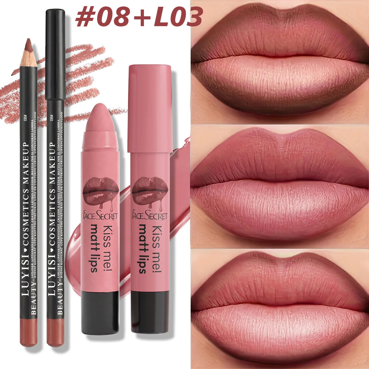 2pc matte lip liner and lipstick set in dusty rose. Long-wear, waterproof, highly pigmented nude lip makeup kit.