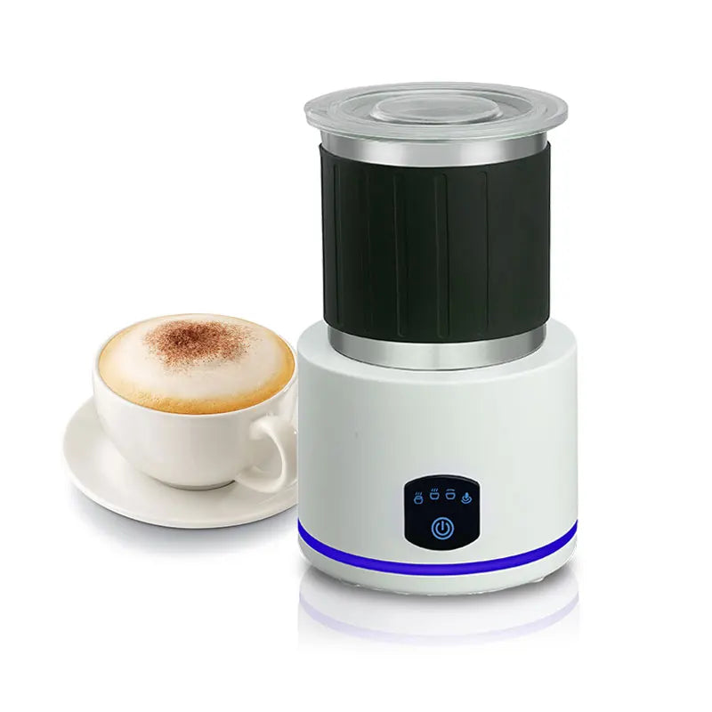 White countertop milk frother with clear lid and glowing blue power indicator