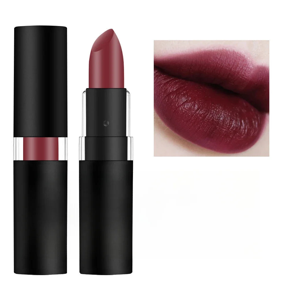 Dark wine red waterproof matte lipstick in black tube with swatch on lips for a sexy, long-lasting makeup look.