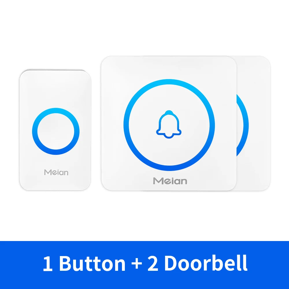 Wireless doorbell receiver and button kit, white devices with blue ring chime icon