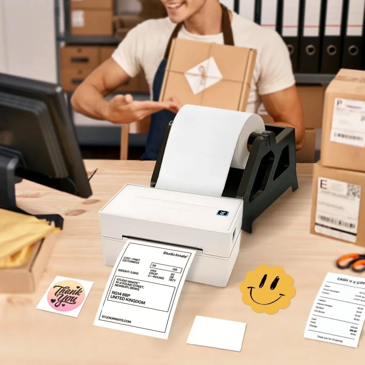 White 4x6 label sheets in a label printer, barcodes visible
