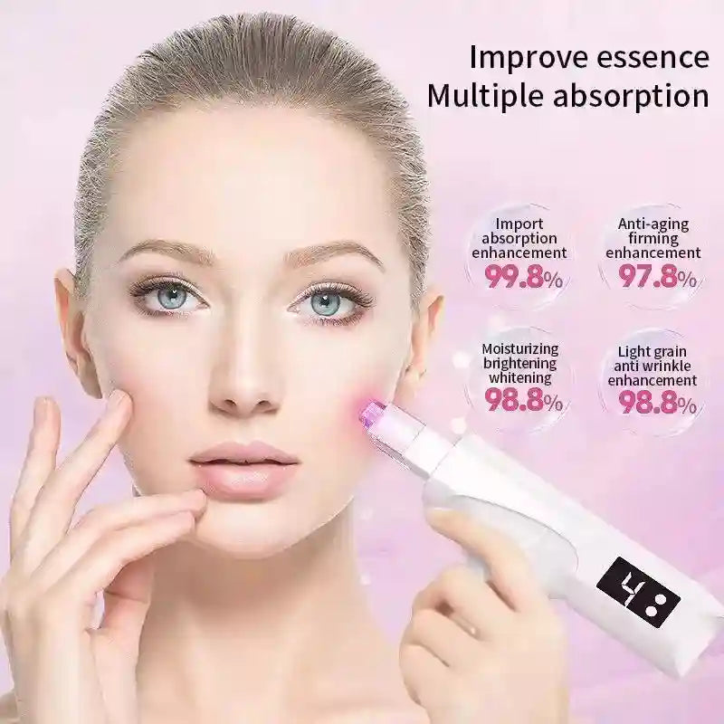 A woman using a white, handheld nano water light gun device on her cheek, with digital skin benefit statistics overlaid.