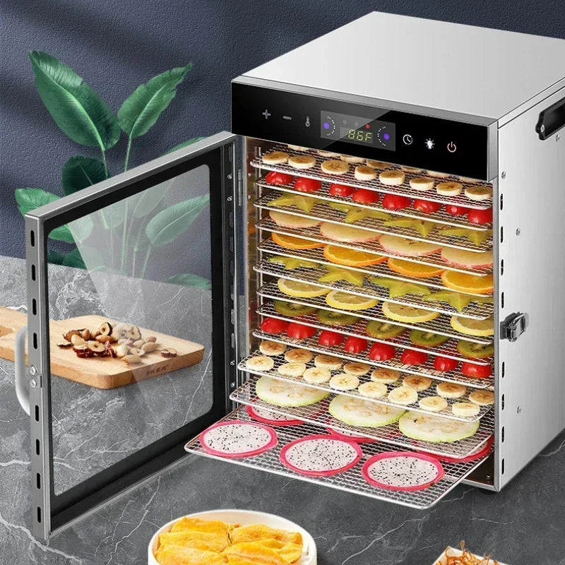 Tidesmit commercial food dehydrator side view showing multi-layer racks for drying fruit vegetables and meat