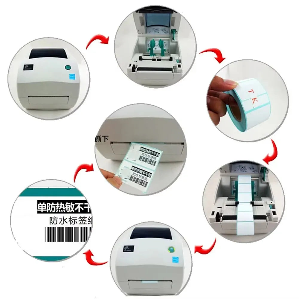 Thermal label stickers shown being loaded into a label printer