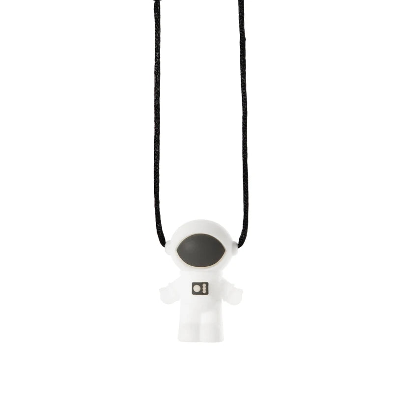 White astronaut silicone teething toy on black cord for baby teething relief.