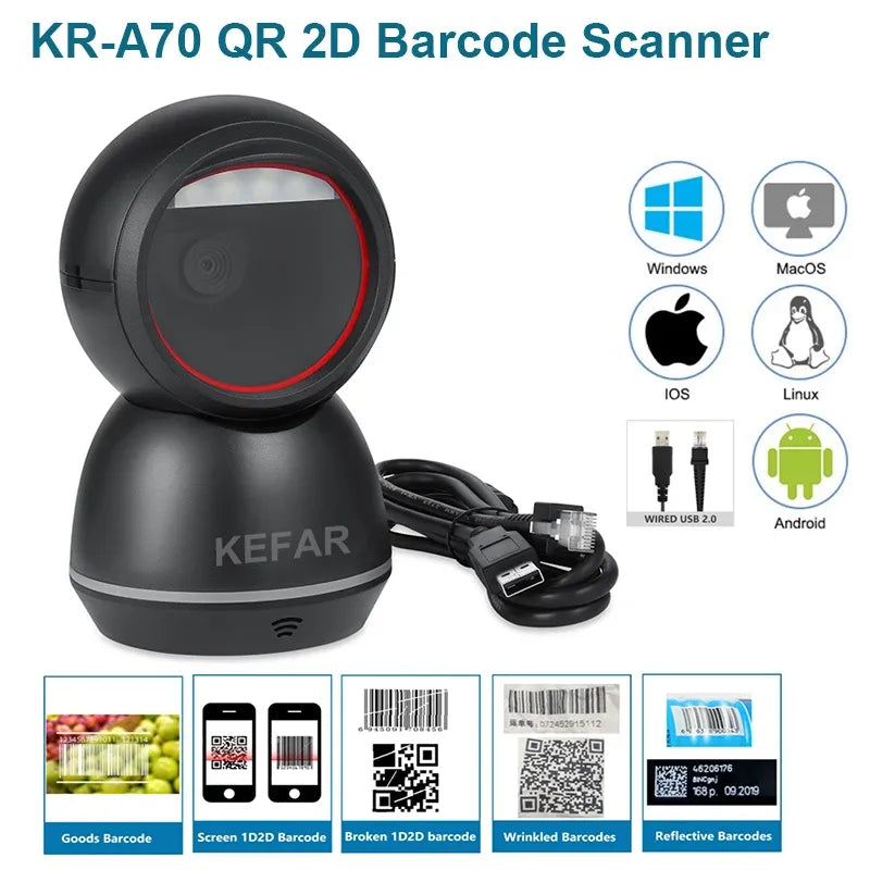 Black 2D barcode scanner with cable and circular scan window plus compatibility icons