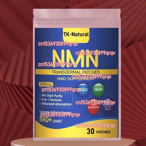 TK-Natural 1000mg NMN anti-aging supplement transdermal patches in a blue and yellow resealable pouch.