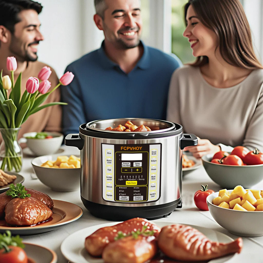 Electric pressure cooker with digital panel and stainless inner pot on dining table