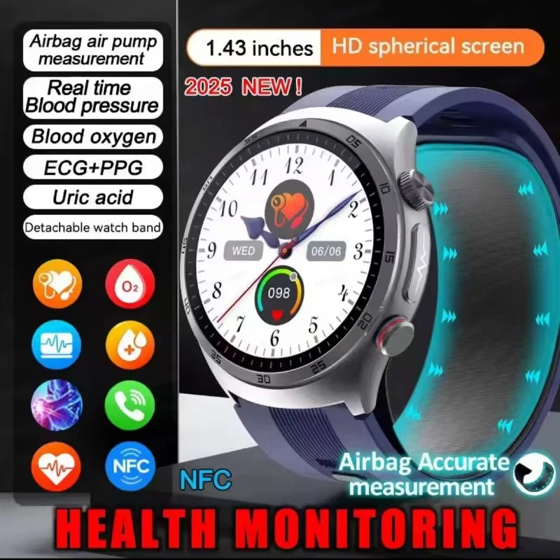 Health smartwatch, blue strap and silver case, bright screen; NFC and built-in airbag pump.