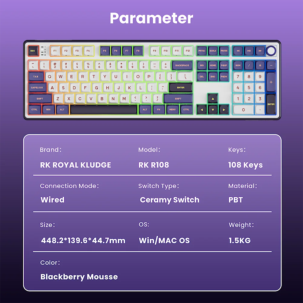 RK Royal Kludge R108 Wired Mechanical Keyboard 100% 108 Keys MDA PBT Keycap Gasket RGB Hot-swappable Gamer Keyboard Metal Knob