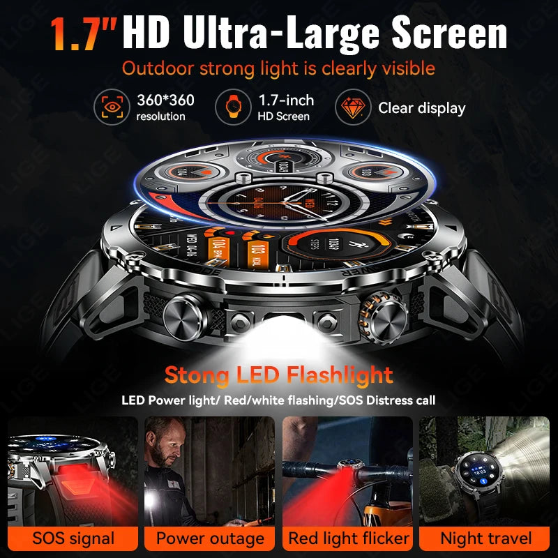LIGE TANK Ultra Military Smart Watch 1400mAh Battery 10ATM Waterproof Heart Rate LED Flashlight Sports Bracelet Men Smartwatch