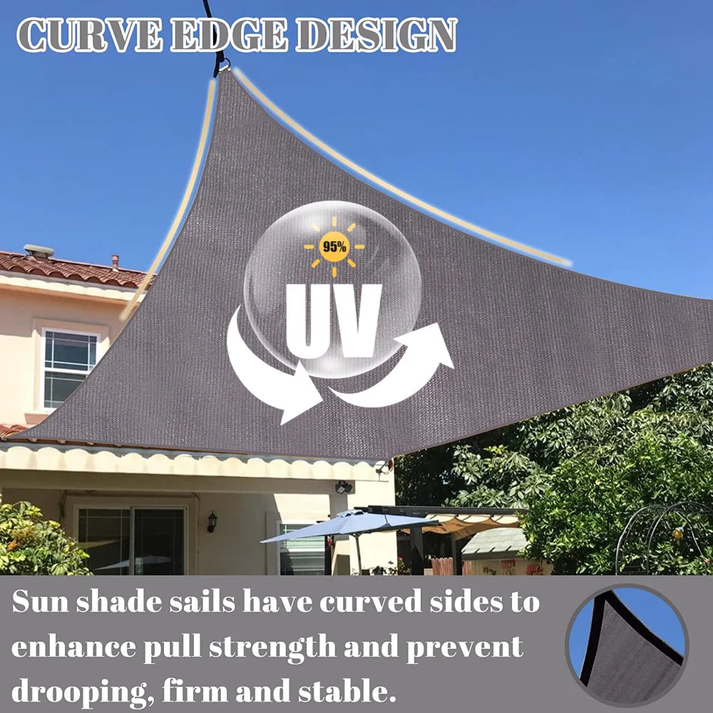 Dark gray curved-edge shade sail canopy with UV-resistant fabric stretched overhead