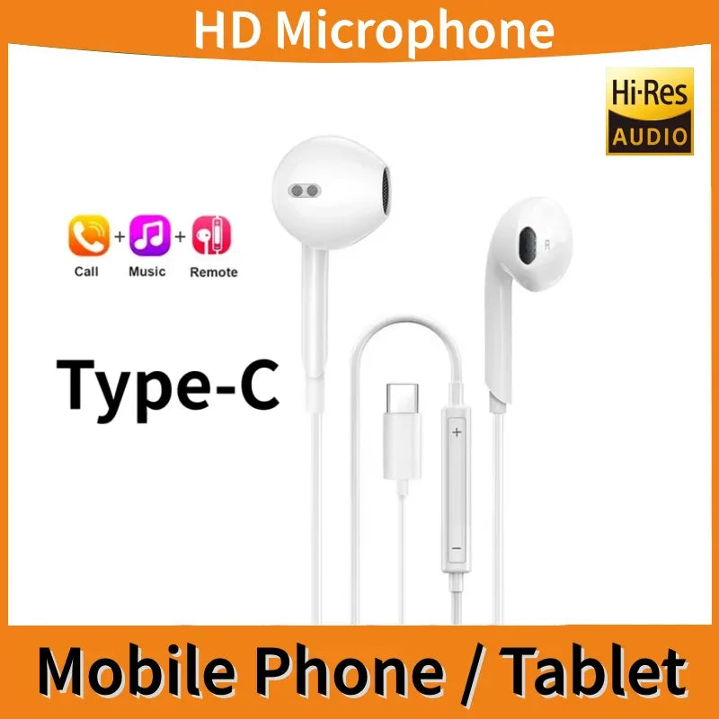 Type C Wired Earphones For in-ear iPhone 17 16 15 Max Xiaomi 14 13 12 11 Pro 3.5mm Headphone Headset Huawei Samsung Phone Tablet Tidesmit