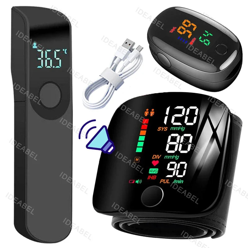 New LED Wrist Blood Pressure Monitor English Voice Broadcast Sphygmomanometer Tonometer BP Monitor Forehead Digital Thermometer