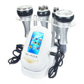 White ultrasonic cavitation machine with four silver and black probe heads, stand, and touchscreen for skin treatment.