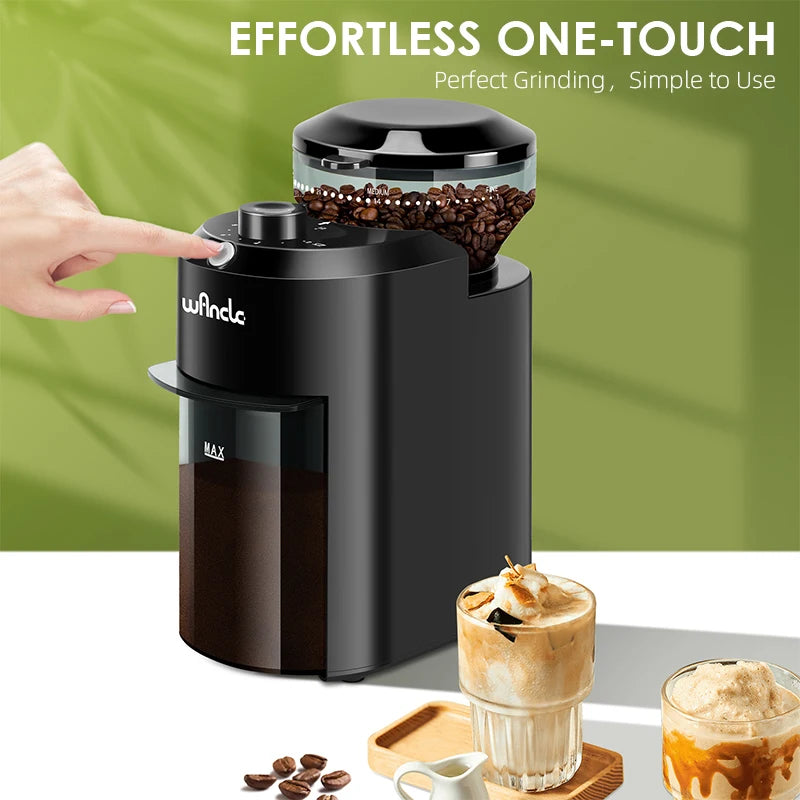 Wincle black electric coffee grinder with clear bean hopper and grounds container for one-touch precision grinding.