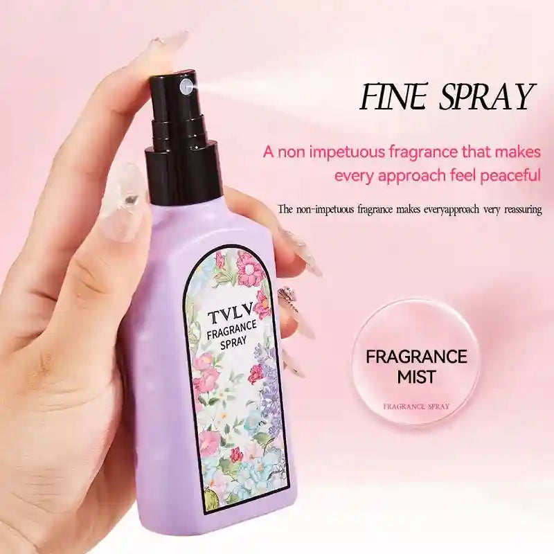 TVLV Jasmine fragrance spray for women, a long-lasting floral mist in a rectangular purple bottle for fresh clothing.