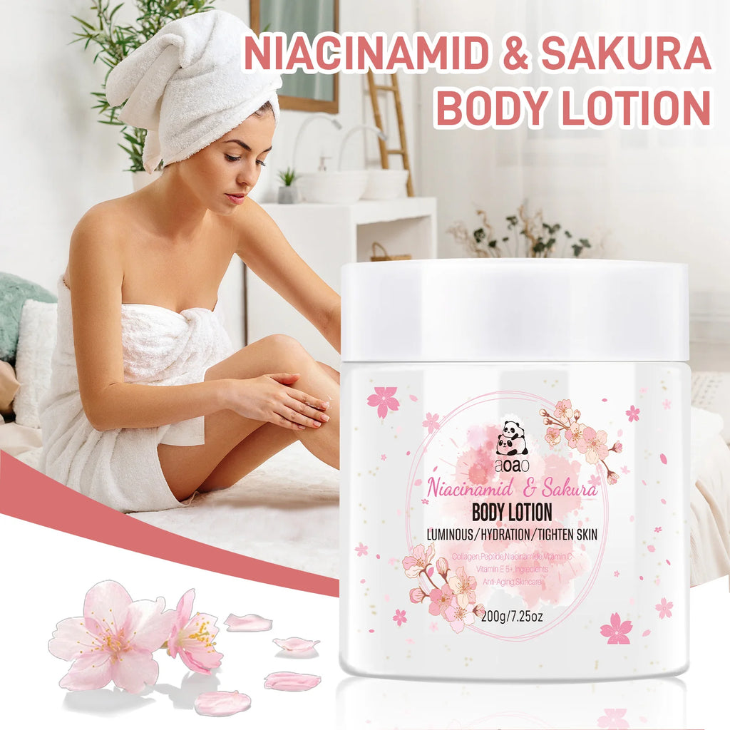 Sakura Niacinamide Moisturizing Body Lotion, infused with shea butter and cherry blossoms. Lightweight and non-greasy.