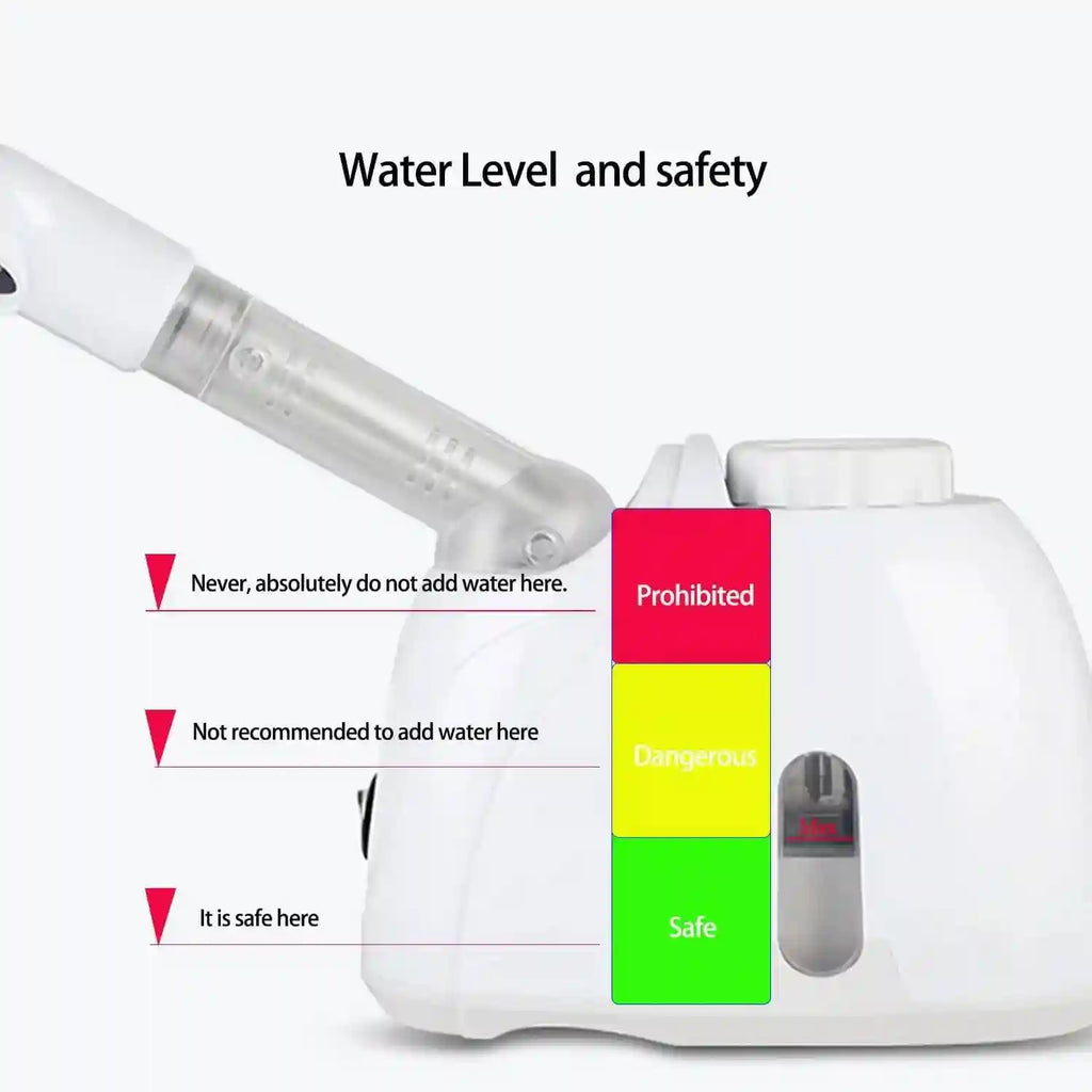 White facial steamer with adjustable nozzle, showing water level safety guidelines for deep pore cleansing at home.
