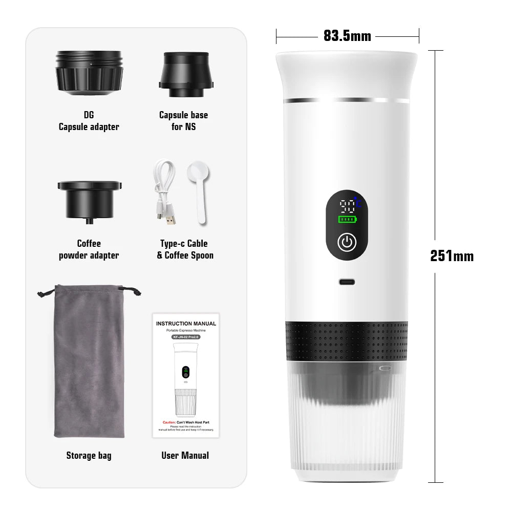 White portable espresso maker with digital display, capsule adapters, accessories, and dimensions in 251mm height.
