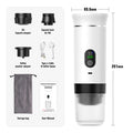 White portable espresso machine with digital display, capsule adapters, accessories, and dimensions 251mm x 83.5mm.