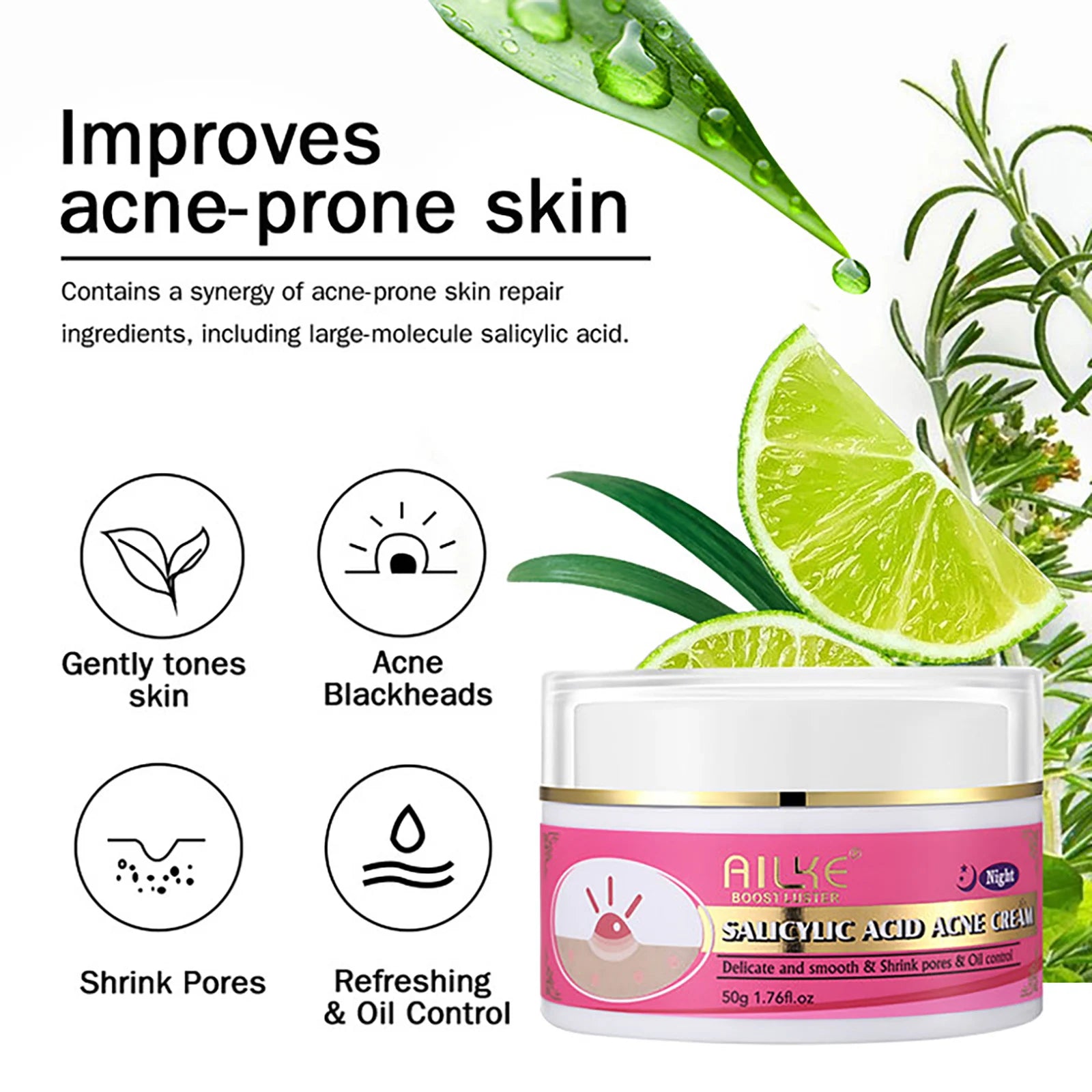 AILKE Salicylic Acid Acne Cream for dark spots and pore shrinking. Organic, vegan skin brightening jar for all skin.