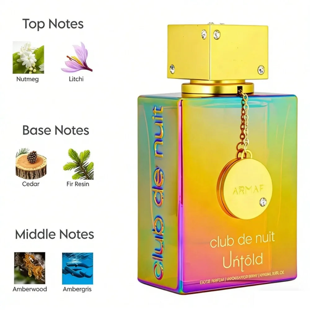 Armaf Club de Nuit Untold 105ml EDP: Unisex iridescent bottle with nutmeg, litchi, cedar, amber, and musk fragrance.