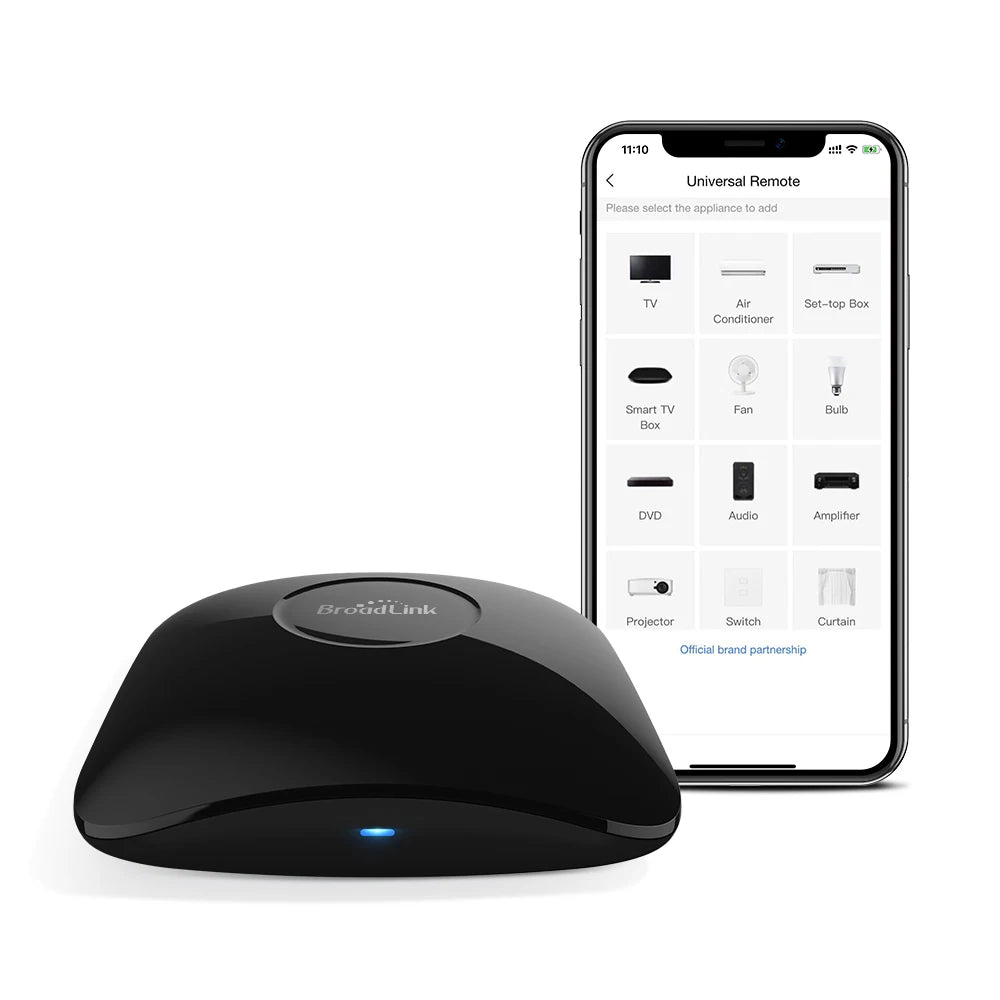 Wireless remote hub base with blue indicator light and smartphone app for device control.