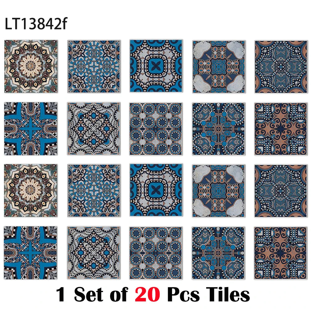 Square vintage tile wall sticker set, glossy blue and teal geometric floral motifs