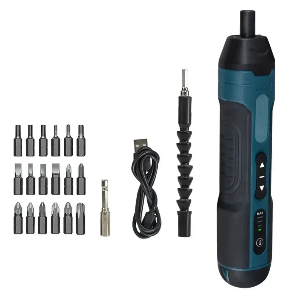 Tidesmit teal and black electric screwdriver set with varied steel bits, charging cable, and flexible extension rod.