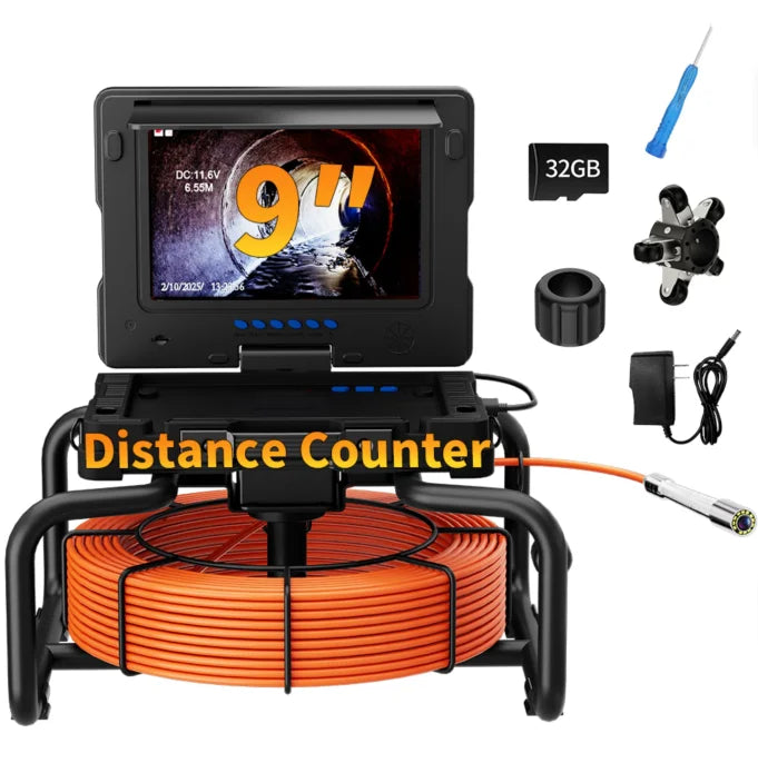 512Hz Self-Leveling Sewer Camera with Meter Counter,9"1080P DVR Drain Inspection Camera,7MM Diameter Cable 32GB TF Card 12 Leds