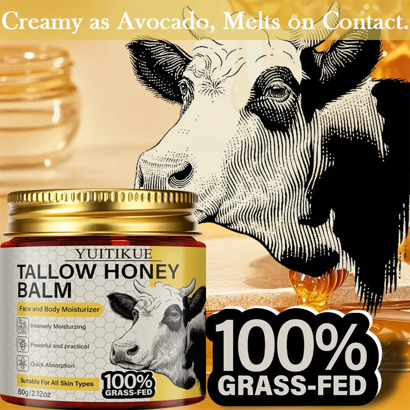 YUITIKUE 100% Grass-Fed Tallow Honey Balm | Intensely Moisturizing Face & Body Balm | Quick Absorption for All Skin Types 60g