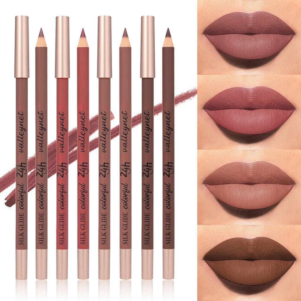 4-piece brown matte lip liner set: creamy, long-lasting, waterproof pencils with highly pigmented velvet finish.