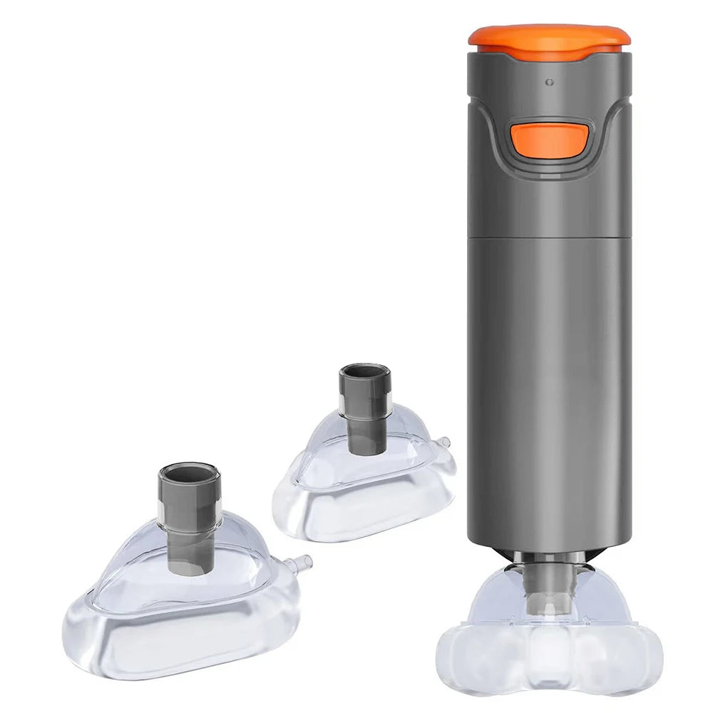 Grey anti-choking rescue device with orange button and two interchangeable clear face masks for adults and children.