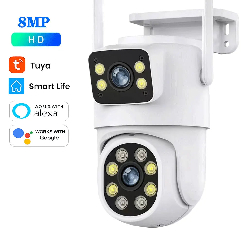 Outdoor PTZ dual-lens WiFi security camera, white housing and two front lenses