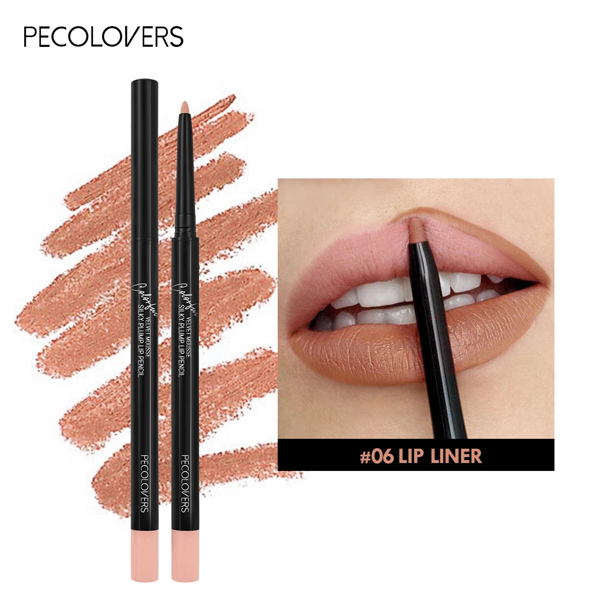 PECOLOVERS waterproof matte lip liner #06, long-lasting nude pencil with swatch for a smooth, defined dewy finish.