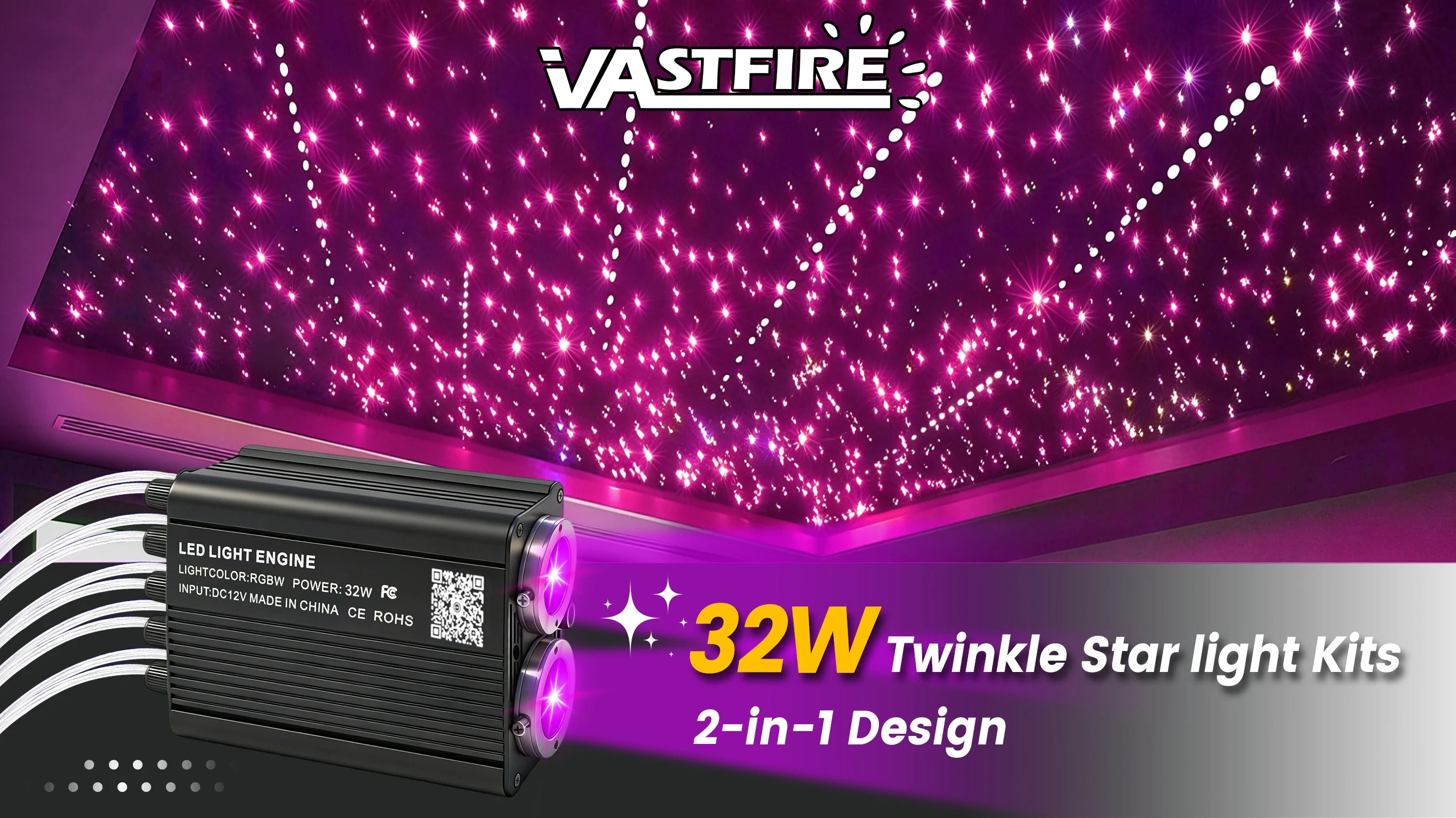 Twinkle & Meteor Starlight Headliner Kit for Car Strands for Ambient Interior Decor 32W RGBW Fiber Optic Star Light Engine
