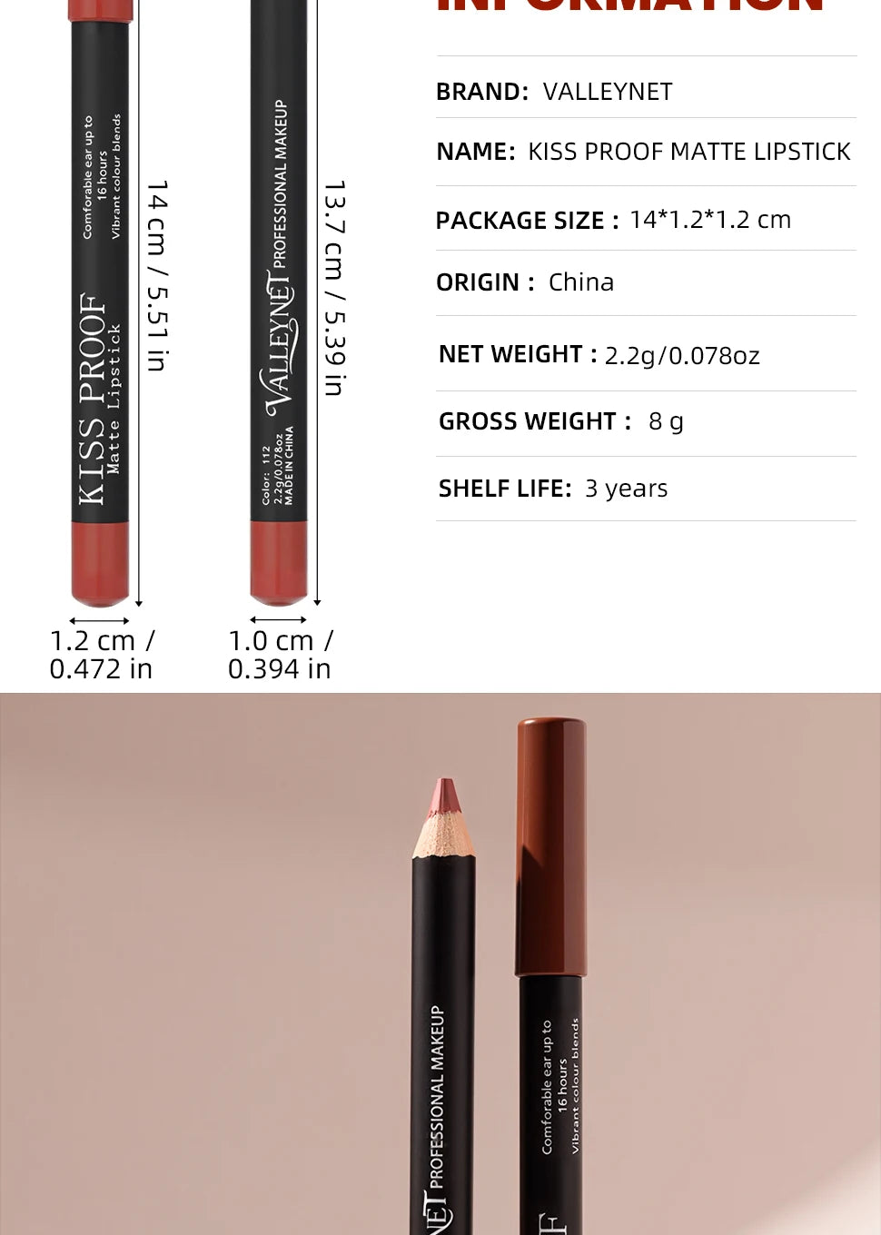 4-piece velvet matte nude brown lipstick set in wooden pencil form. Long-lasting, waterproof, kiss-proof lip makeup.