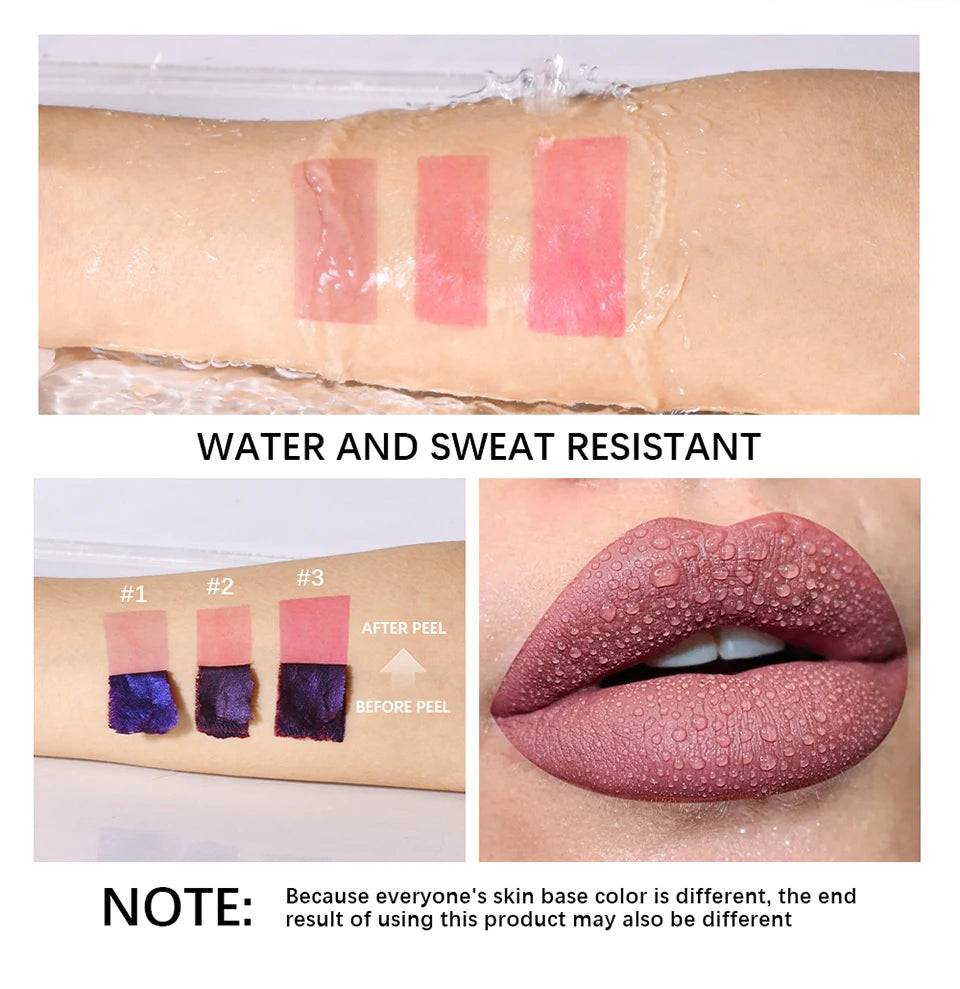 Waterproof peel-off lip stain swatches and matte finished lips showing long-lasting, transfer-proof lip makeup results.