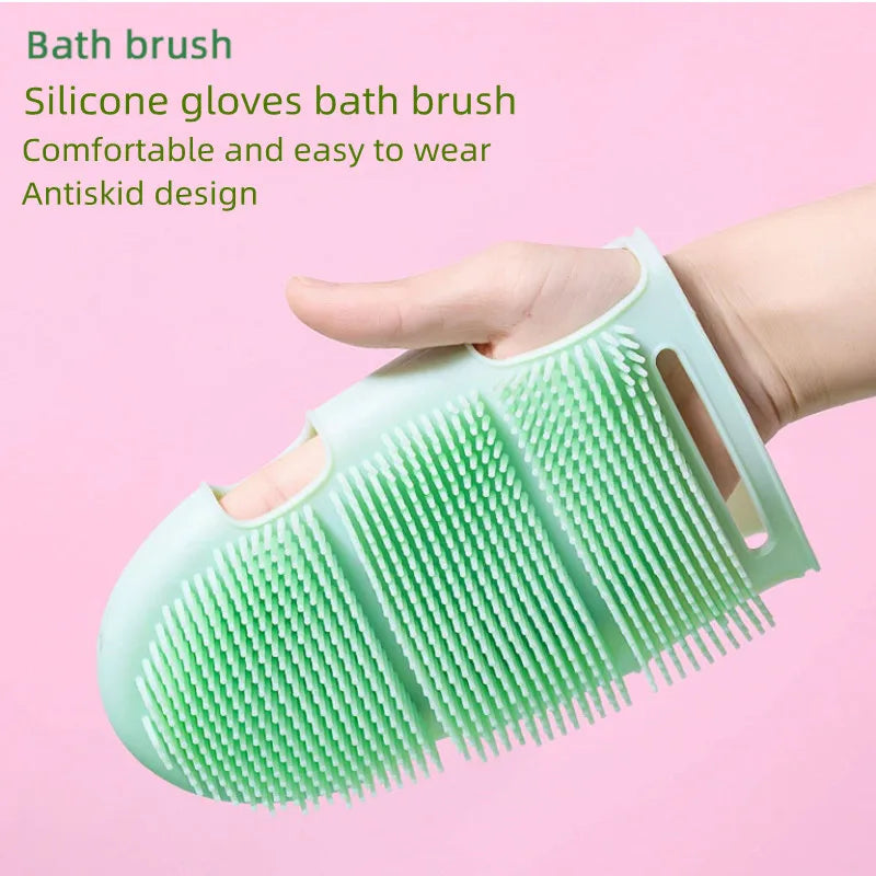 Mint green silicone pet bath brush glove for gentle massage, deep cleaning, and removing shed fur.