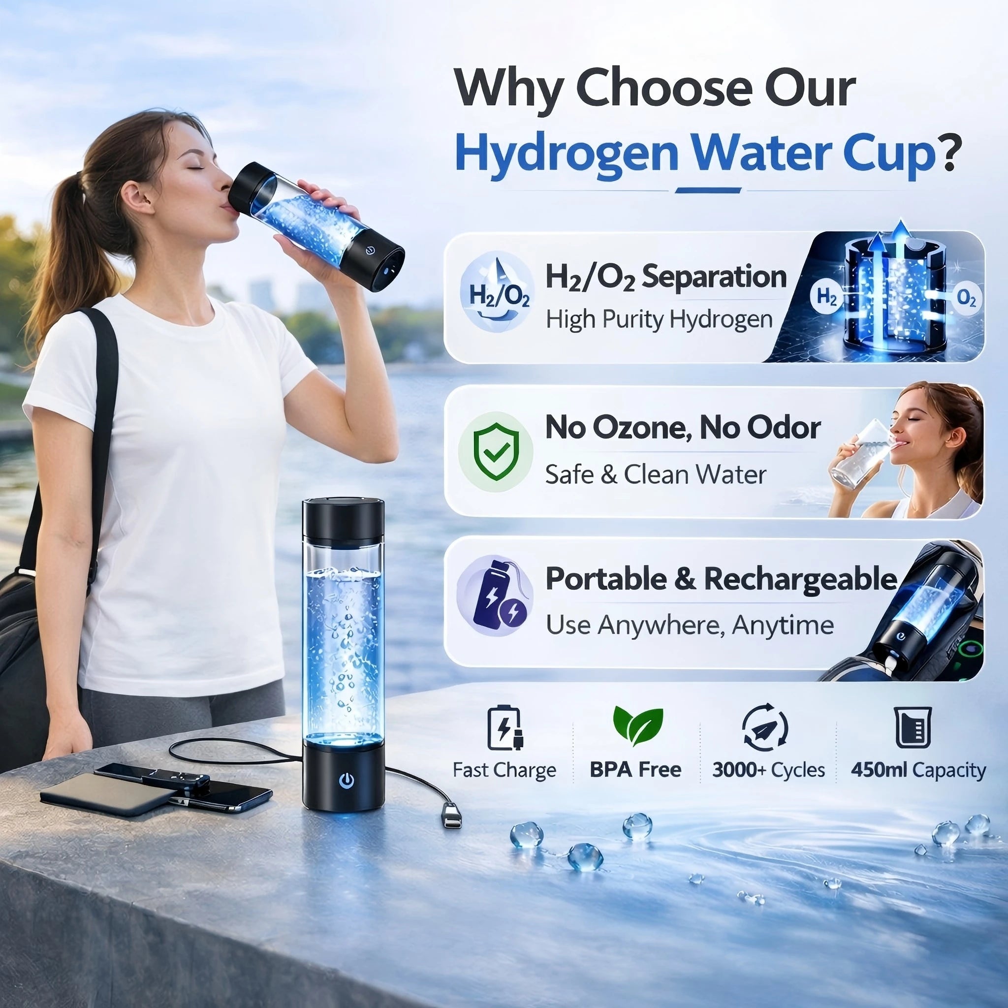 Tidesmit portable hydrogen water generator bottle showing charging port and alkaline water ionizer base features
