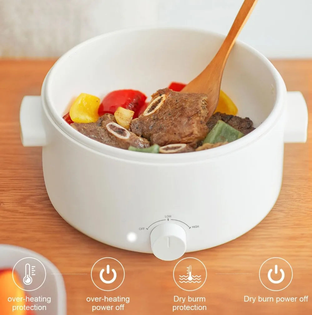 Electric hot pot filled with meat and vegetables, with a wooden ladle inside